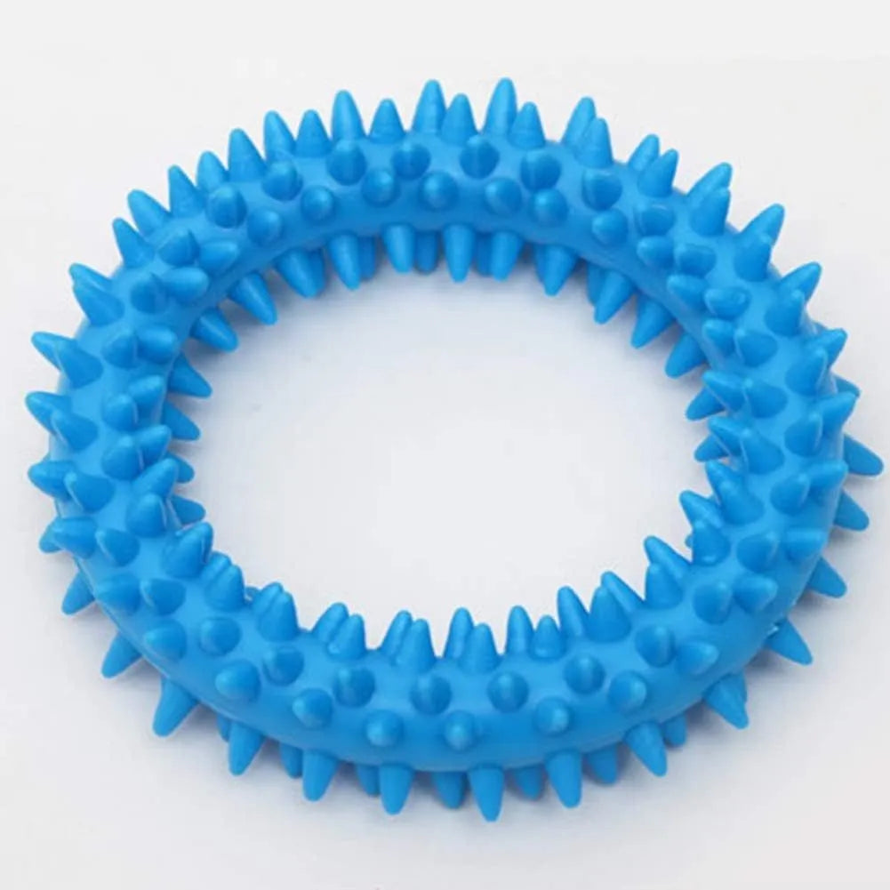 Blue spiky circle ring dog chew toy made from TPR for dental cleaning and bite training