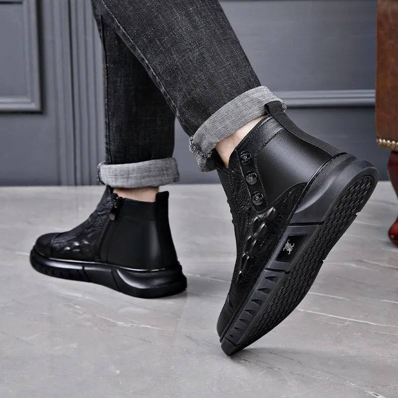 Men's black genuine leather worker boots with warm lining, non-slip round toe, sizes 38-44