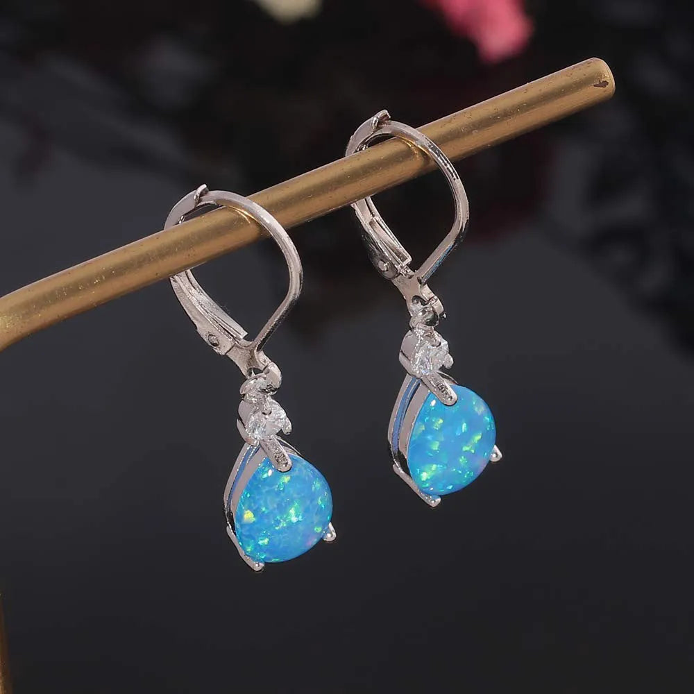 Blue water drop earrings for women with leaf, U-shaped and geometric copper zircon design