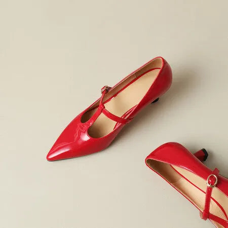 Black women's leather high-heeled shoes with a square toe and a 6-8 cm rubber sole.