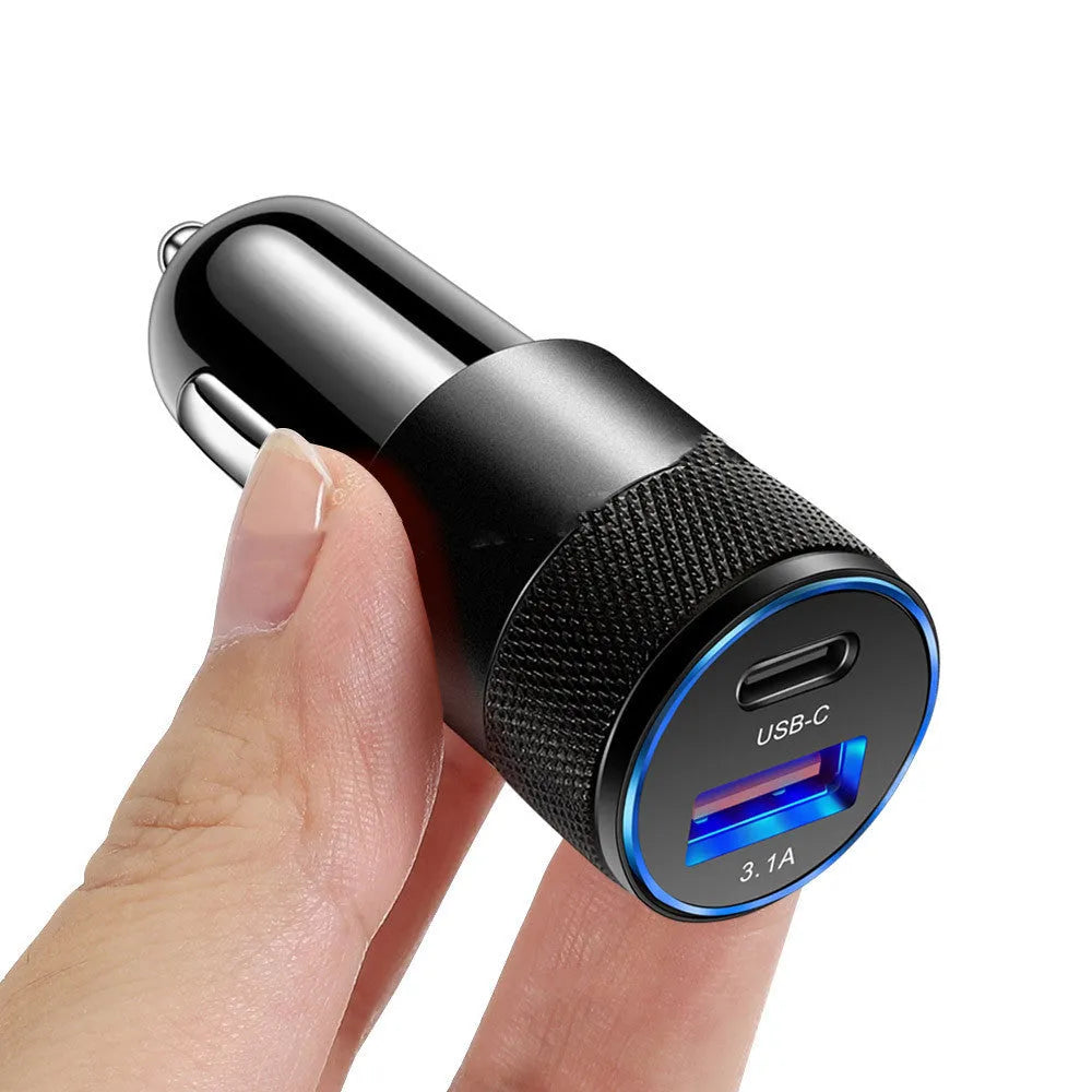 Aluminium alloy mobile phone car charger showing compact 2.5x6cm design