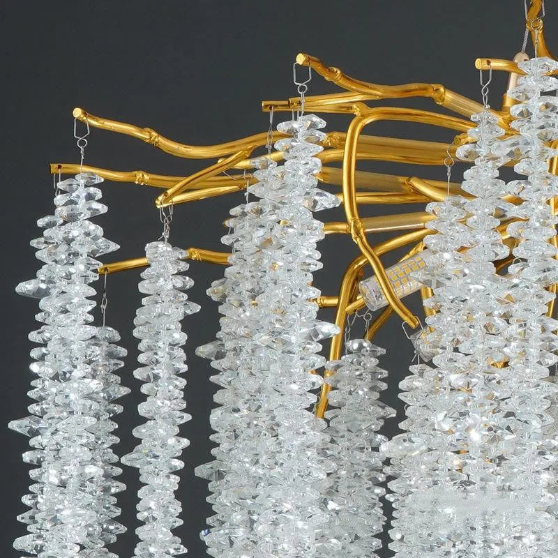 Modern crystal chandelier with adjustable height and LED lighting in a light luxury style.