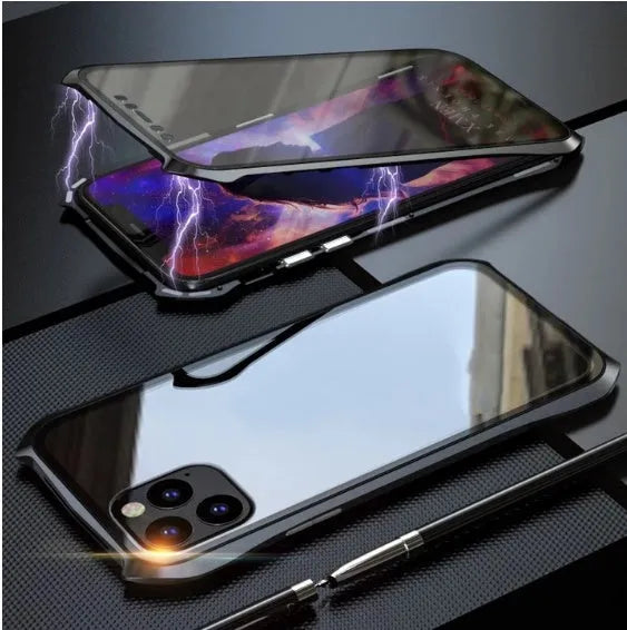 Metal glass magnetic king protective phone cover for iPhone 11 in black, red, blue, and silver colours.