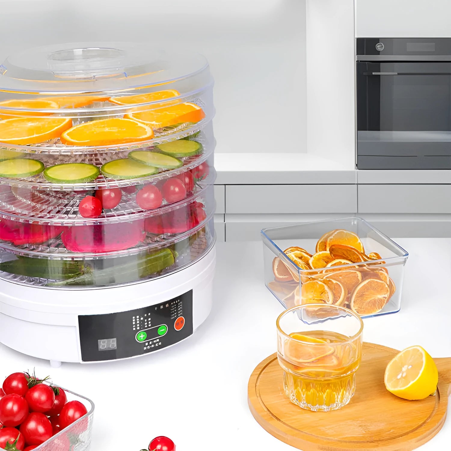 Household food dehydrator with multiple shelf layers and international plug compatibility options