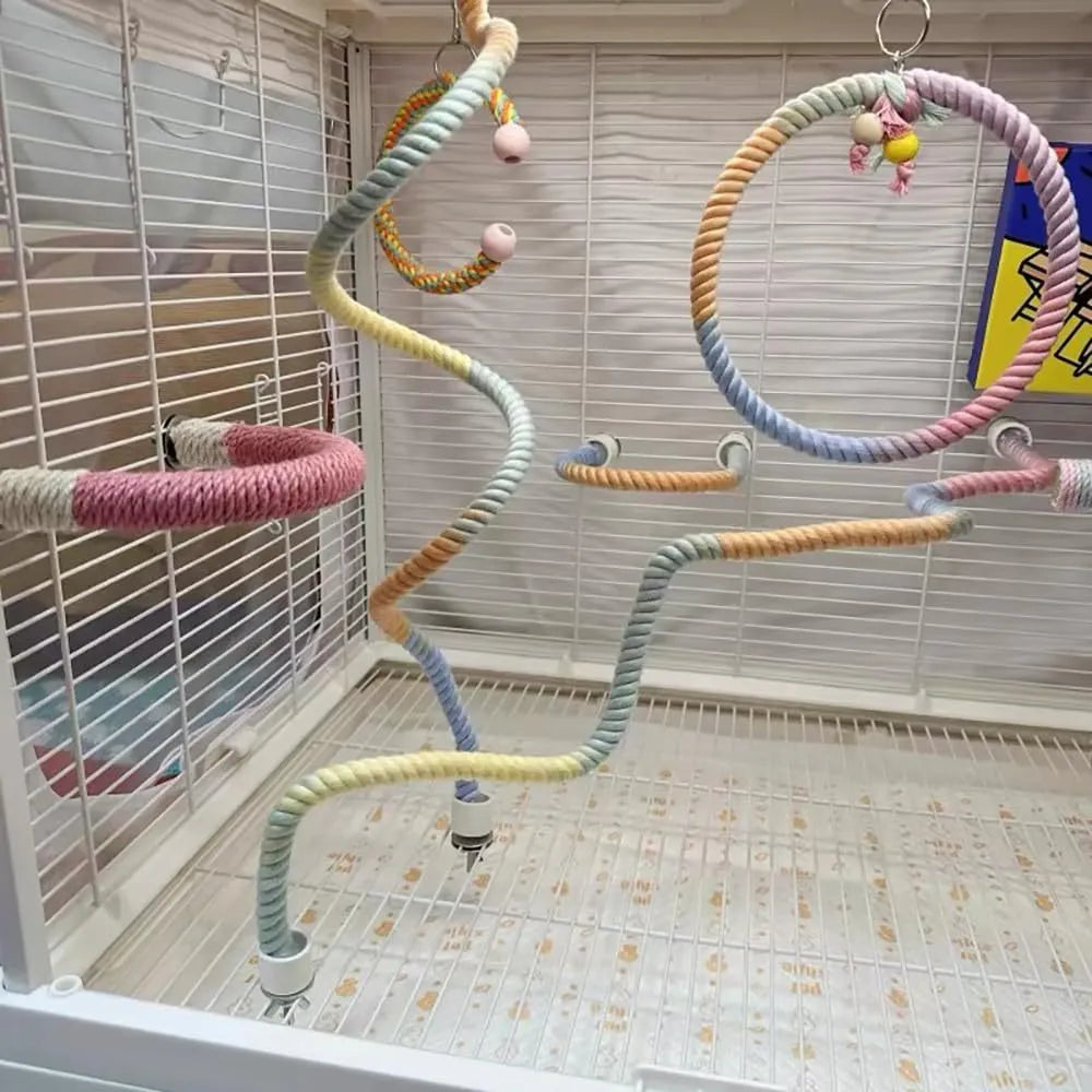 Gradient colourful bird rope perch set with U-shaped perch, long rope, and circular swing for cockatiels and parakeets