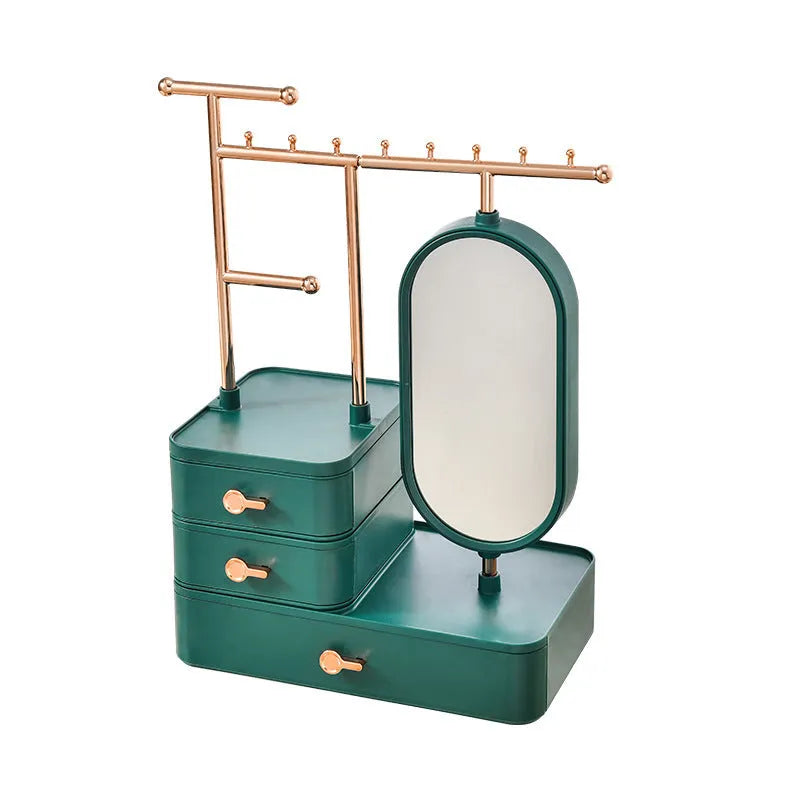Cosmetics storage box with mirror in pearl white plastic, 27x17x18cm, on desktop with makeup items