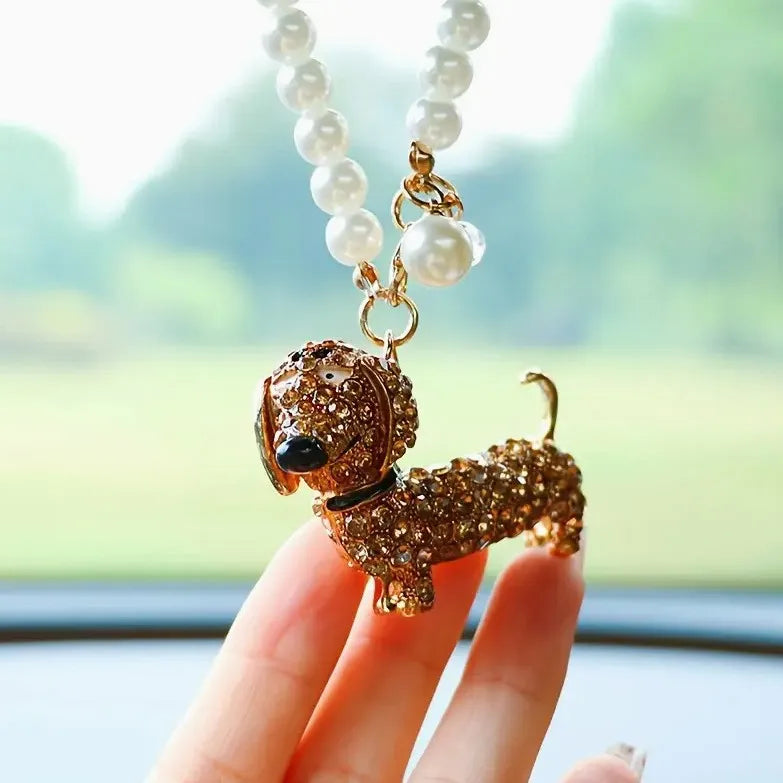 Diamond-embedded dachshund puppy hanging car rearview mirror pendant in alloy with light luxury finish