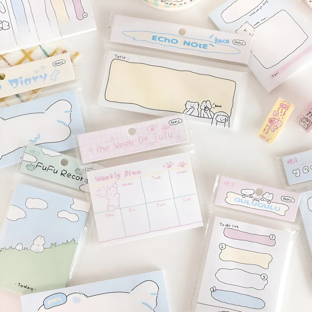 Cartoon sticky notes with animal designs in heart delivery theme, three size options shown