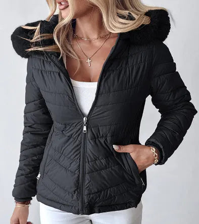 Polyester cotton cinched hoodie with fur collar short jacket in black, long sleeves, commuting style