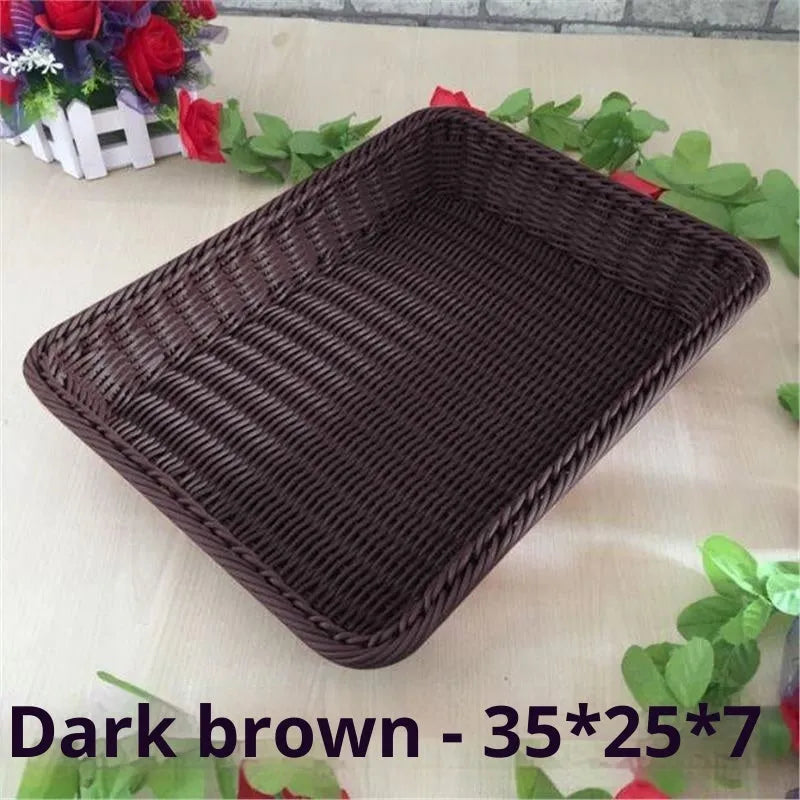 Rattan-like PP fruit and vegetable display snack storage box in brown colour, 35x25x7cm
