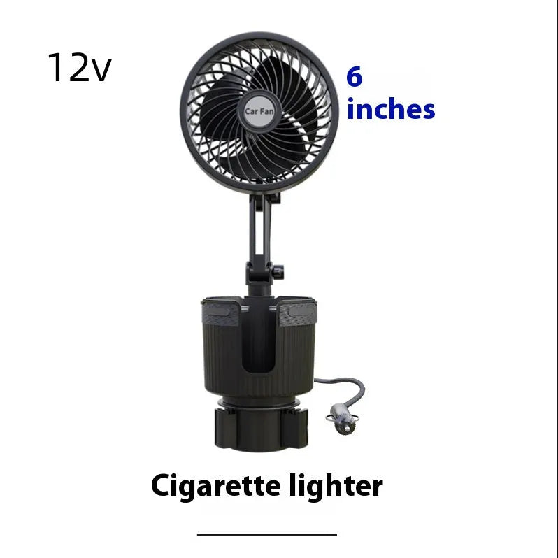 Portable ABS plastic fan unit designed to sit in a car cup holder, with options for 12V, 24V, or USB power.