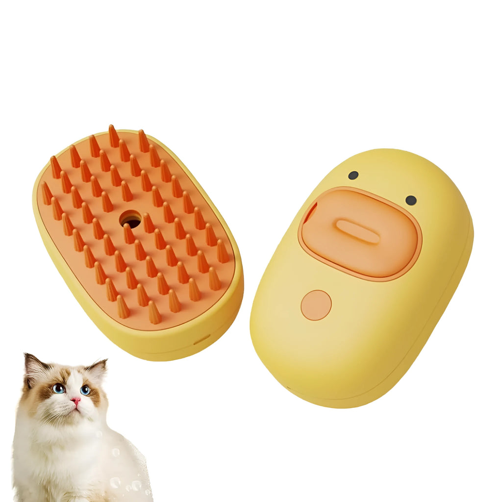 White and yellow rechargeable pet steam brush with rubber comb teeth and water tank