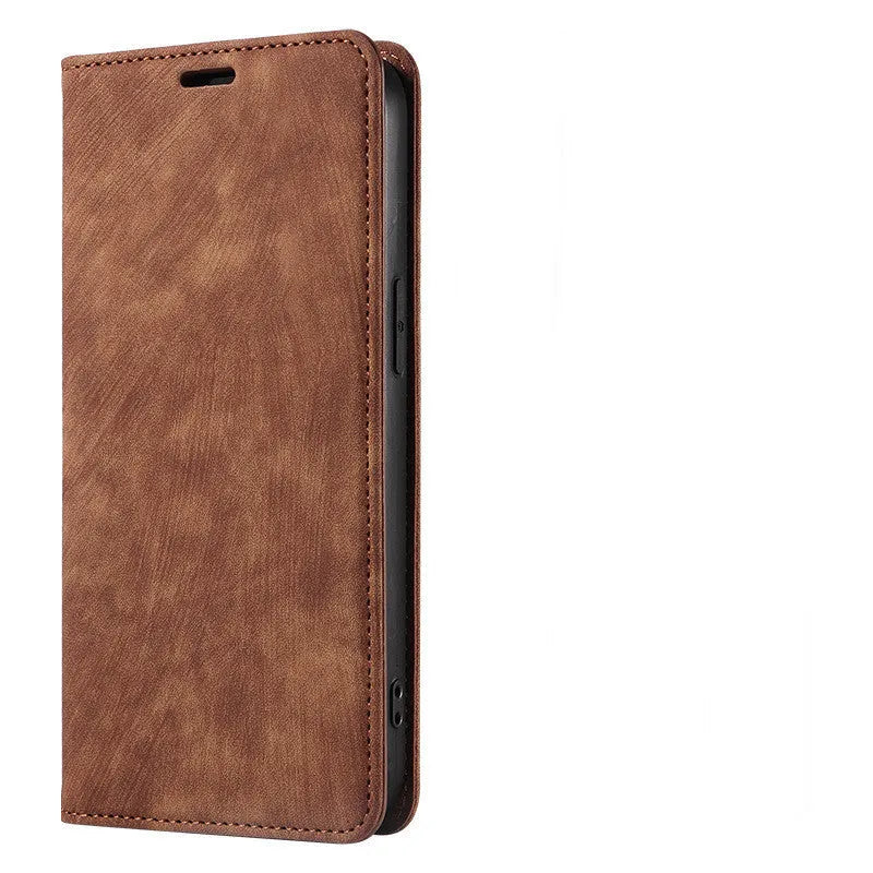 Magnetic flip phone case for iPhone in grey colour, showing front cover closed with magnetic seal.