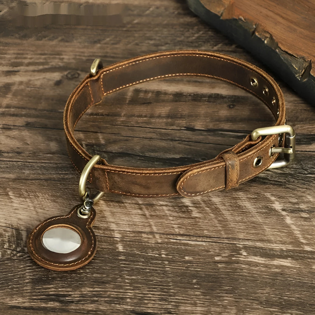 Brown double-sided cowhide leather dog collar with handmade retro styling and halter positioning system