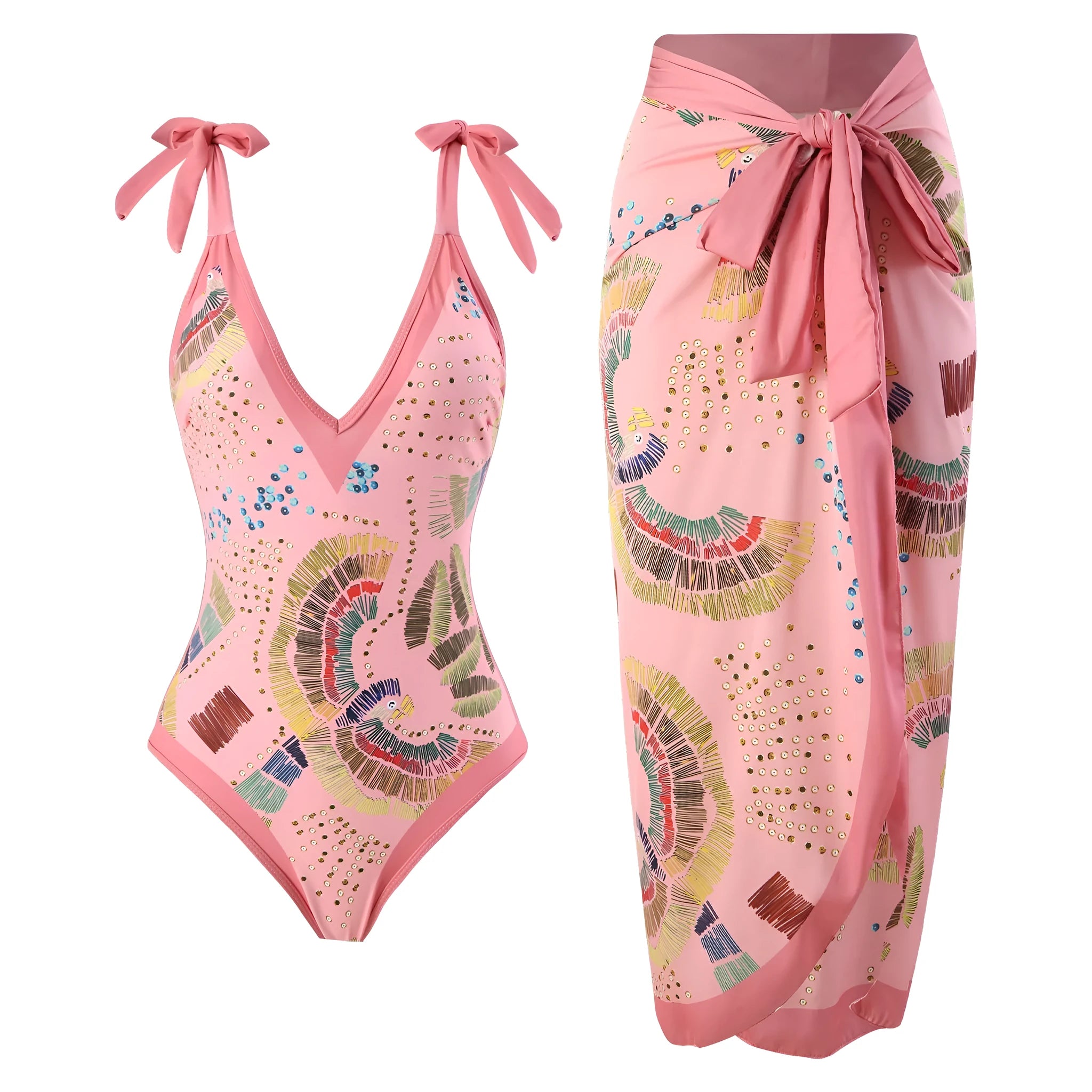 Blue French retro one-piece swimsuit with matching gauze skirt on a mannequin, backless design.