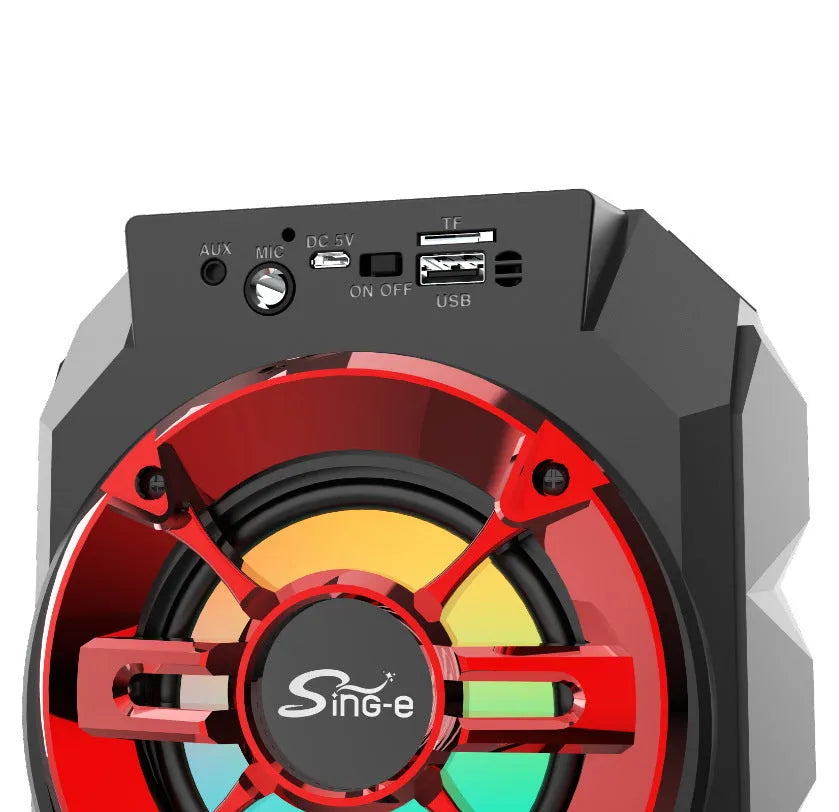 Portable Bluetooth speaker with colour lights and pull rod handle in blue, red, or silver grey finish