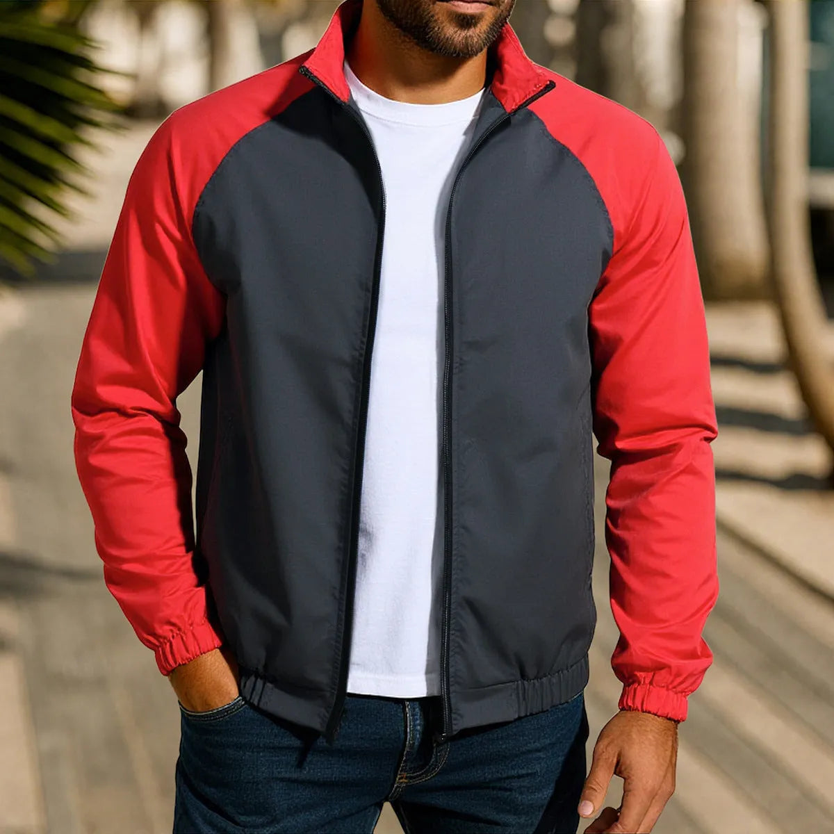 Men's casual coat jacket with stand collar and raglan sleeves in polyester blend fabric