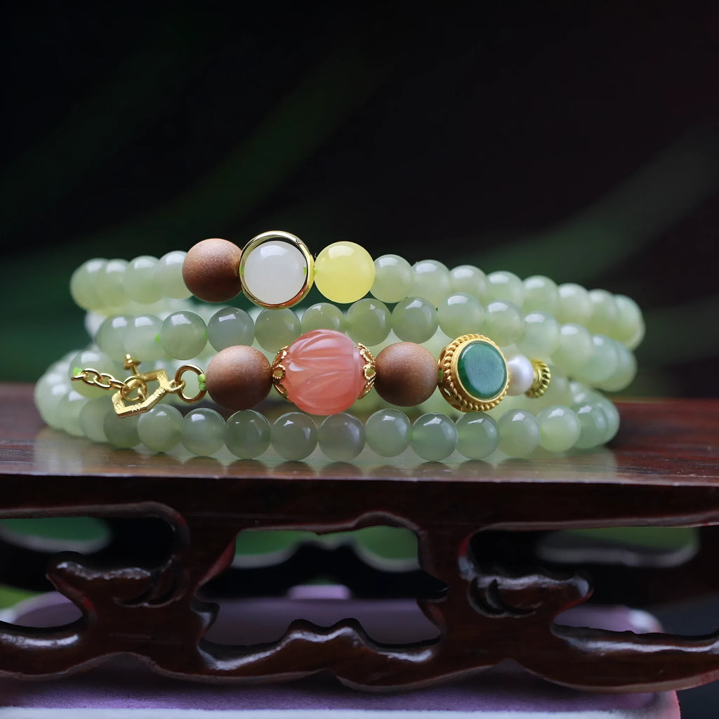 Natural Hetian jade hand-carved red lotus beads necklace and bracelet set with white sandalwood beeswax elements