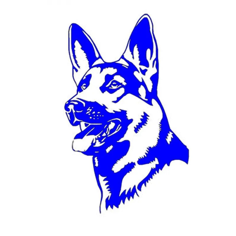 Reflective silver white Alsatian German Shepherd car bumper sticker on a vehicle.