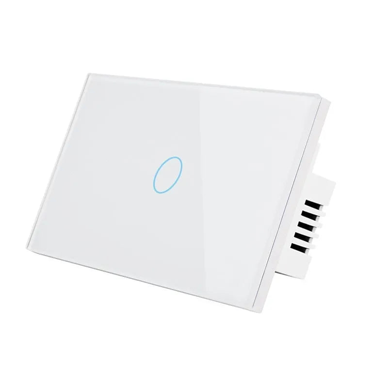 White 2-gang RF remote touch light switch with tempered glass panel and LED indicators