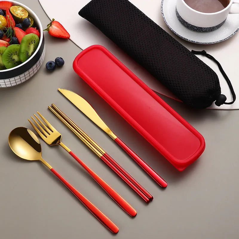 304 stainless steel portable cutlery set with gold knife fork spoon and mesh bag