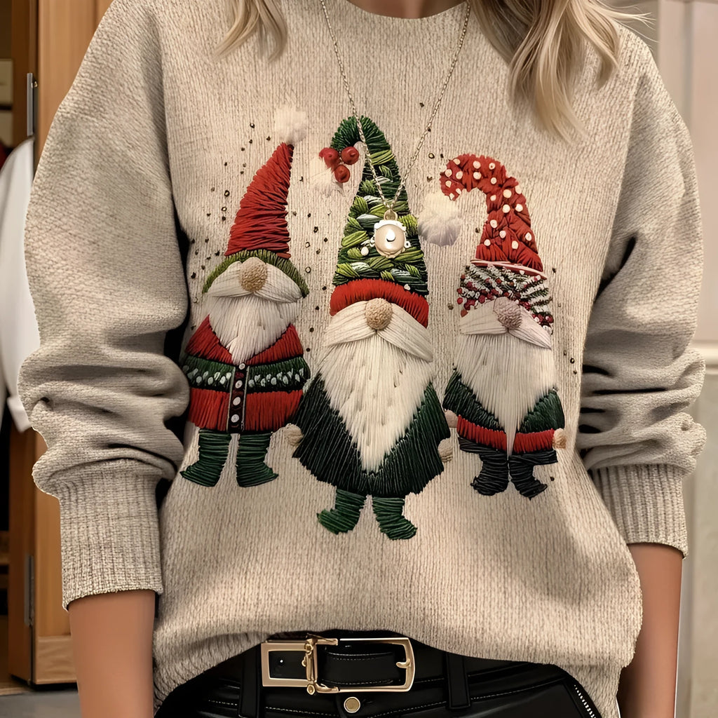 Red and white Christmas sweater with 3D Santa pattern, round neck, polyester pullover