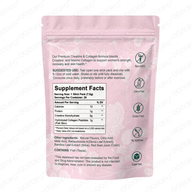 Creatine and collagen stick pack with 20 sticks, 7.8g each, showing powder with raspberry-lemon flavour and soft pink colour