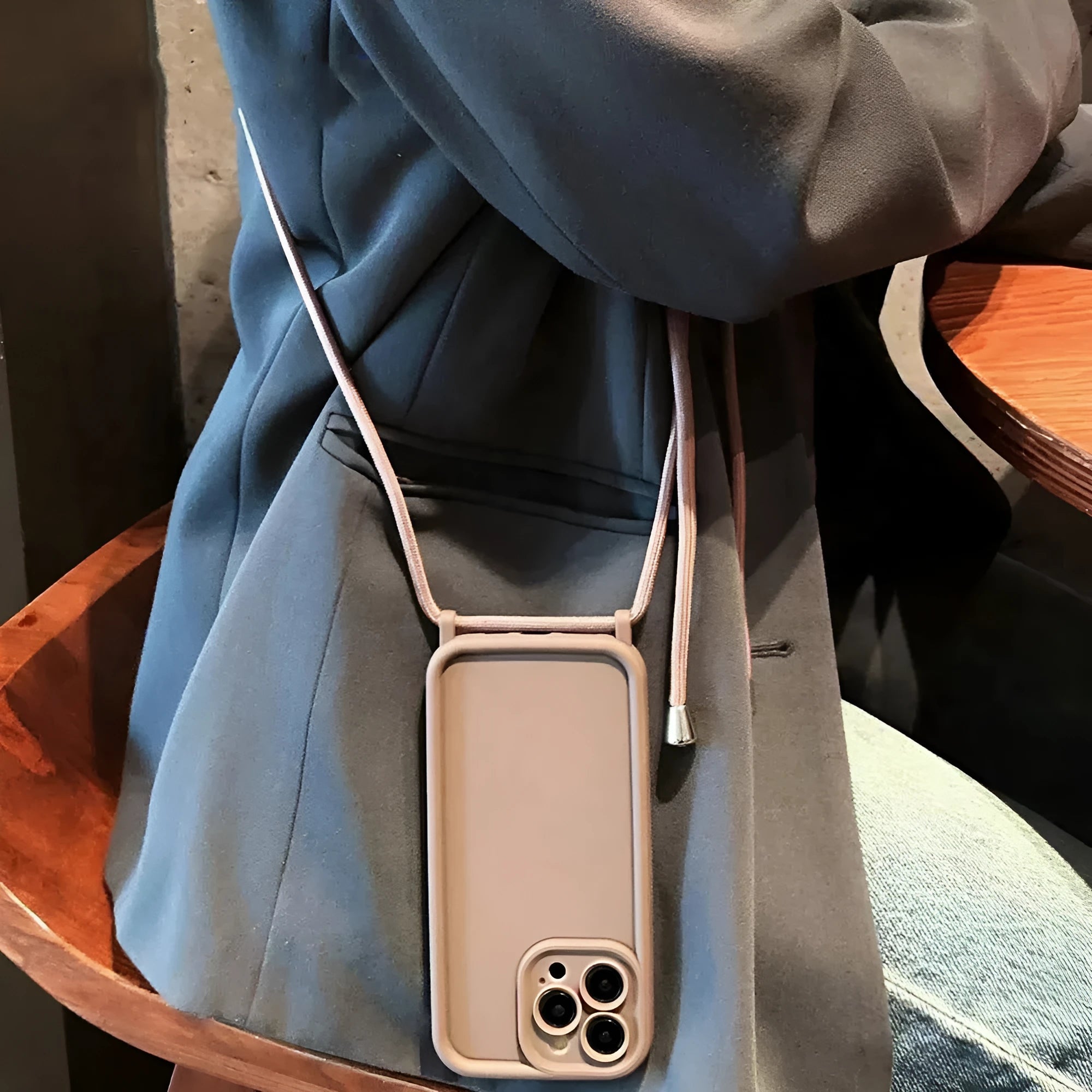 TPU silicone phone case with lanyard for iPhone 12-15 series, anti-fall protective back cover in beige