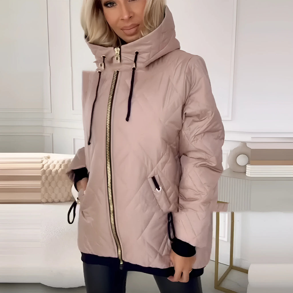 Women's casual hooded coat in black or pink colour with long sleeves.
