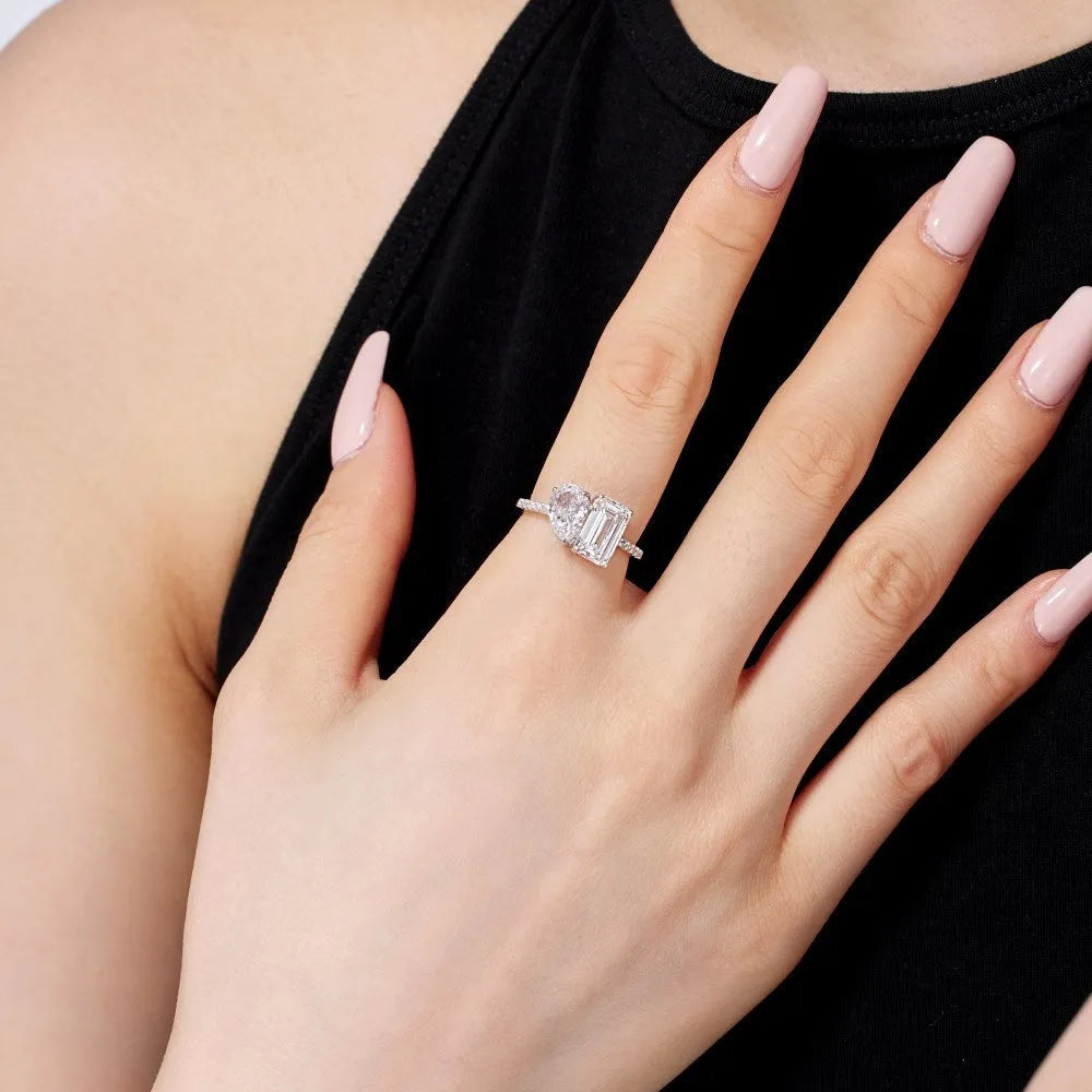 S925 sterling silver double main stone ring for women, geometric shape, sizes 6 to 9