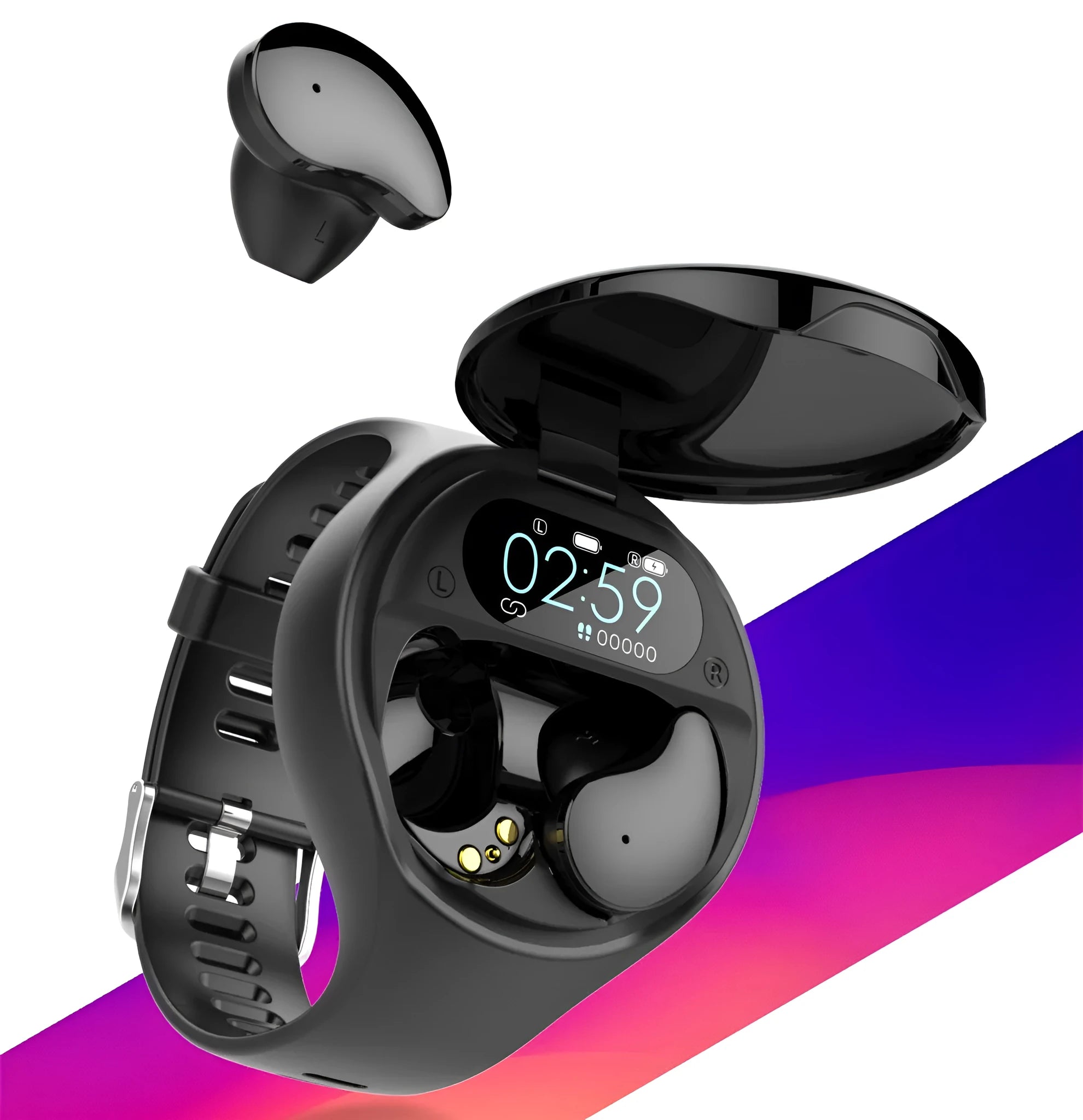 Black smart bracelet with detachable wireless earphones showing colour screen display
