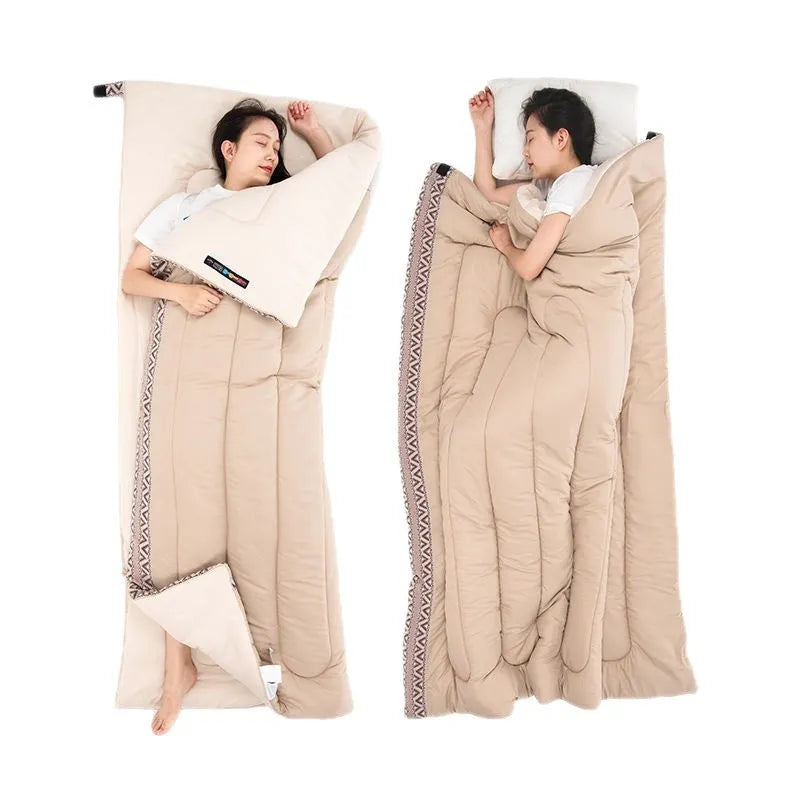 Portable adult camping sleeping bag in colours Jiangnan Spring, crystalline glaze, and swamp with storage bag.