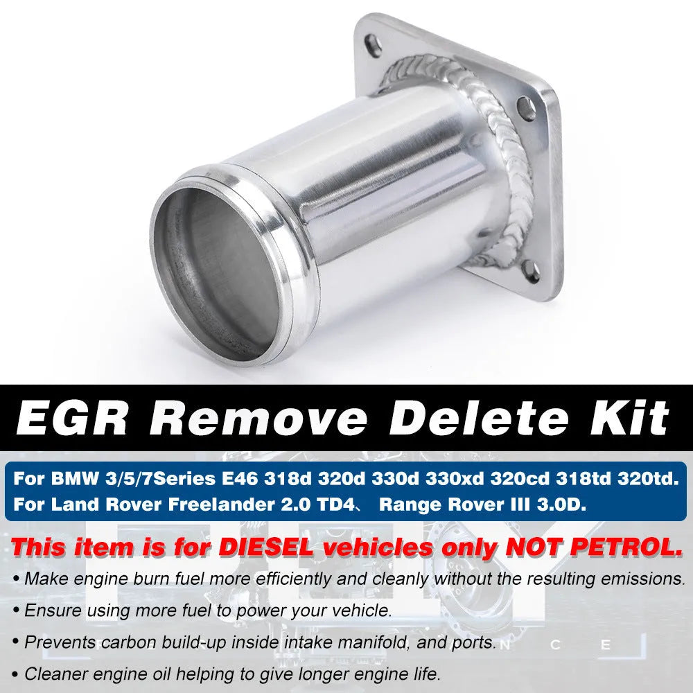 BMW E46 diesel EGR delete kit showing removal pipe, blanking plates, bolts, and vacuum plug