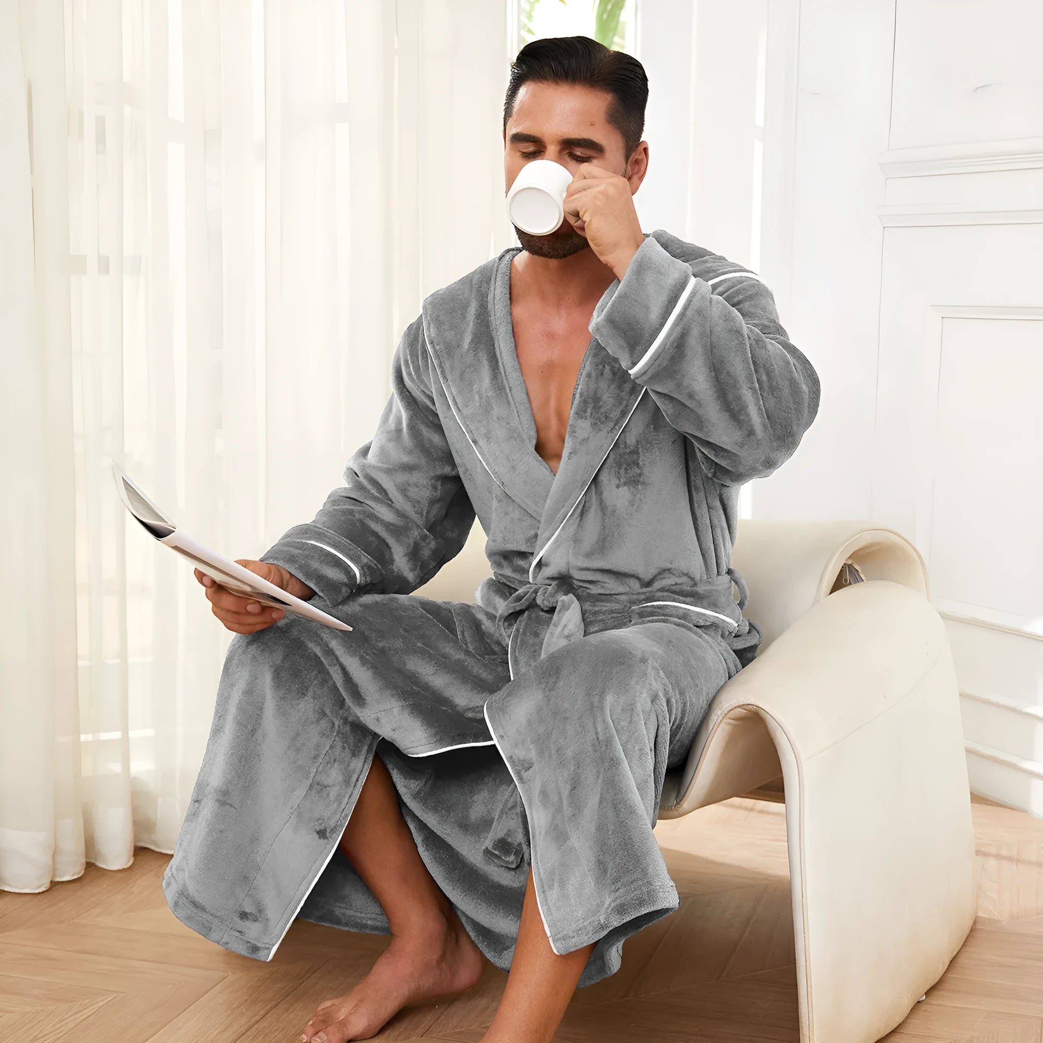 Men's flannel bathrobe in European style with polyester fabric, shown in available colours