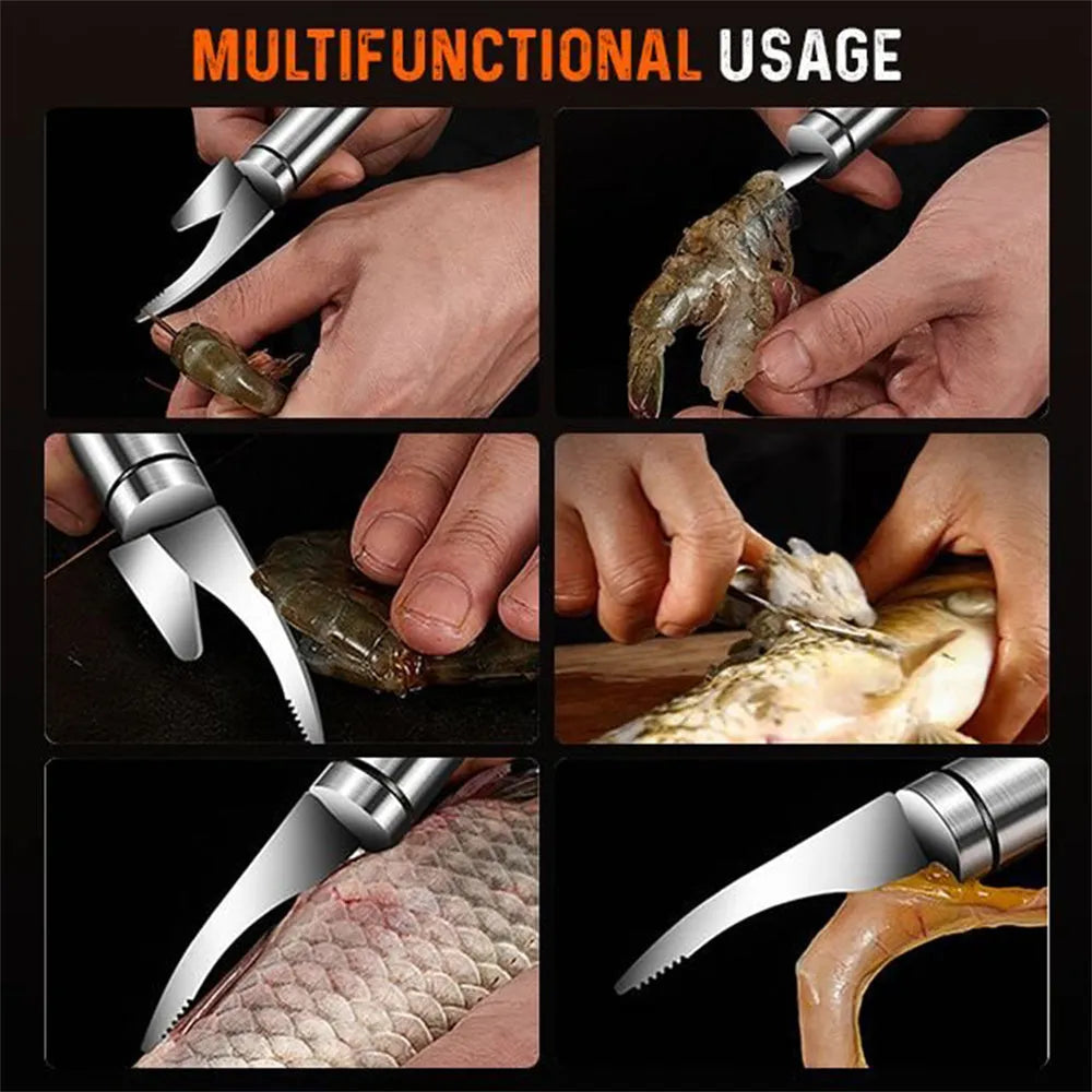 Multifunctional 304 stainless steel shrimp remover knife with eagle-beak tip and double row blades for peeling shrimp, splitting fish and scaling