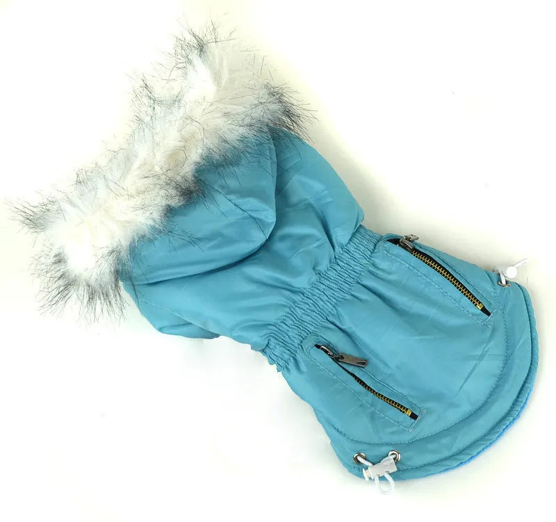 Zippered cotton padded pet clothes in polyester, shown in multiple colours and sizes XS to 2XL