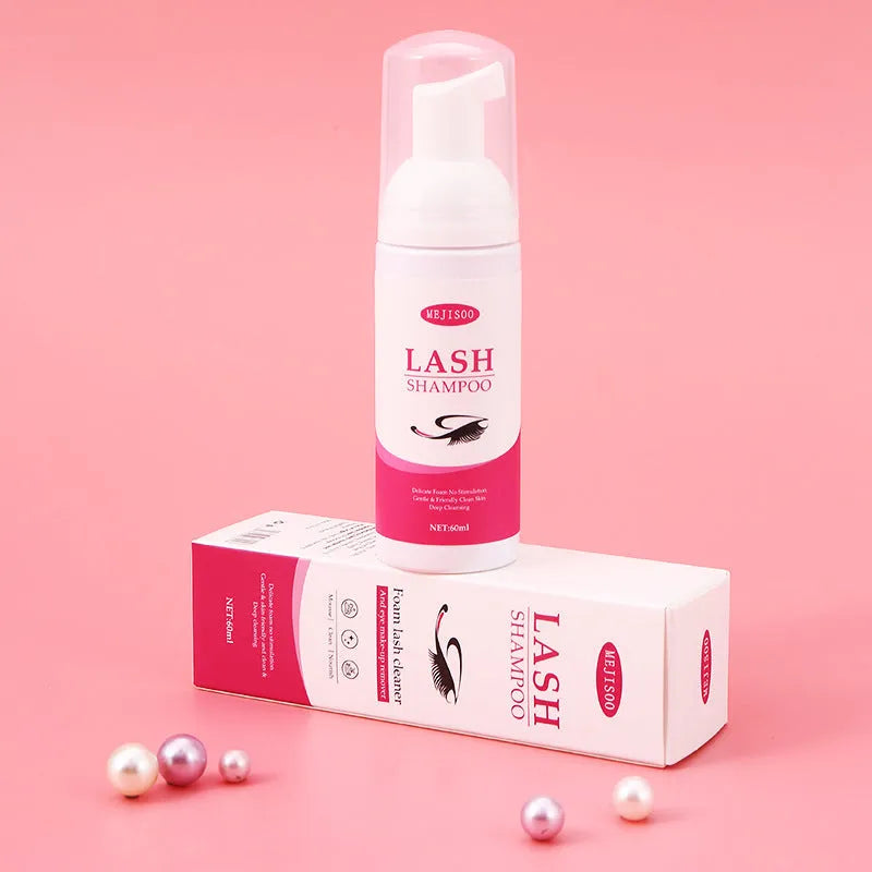60ml bottle of LASH SHAMPOO Mousse eyelash cleaning solution on a white background.