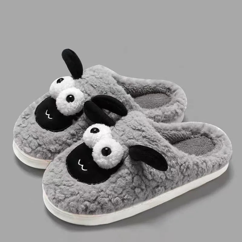 Brown, grey and white lambswool suede slip-on slippers with a sewn PVC sole.