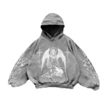 Hooded printed cotton sweatshirt in black or grey with hand-painted pattern, streetwear hip hop style, sizes M to XXL
