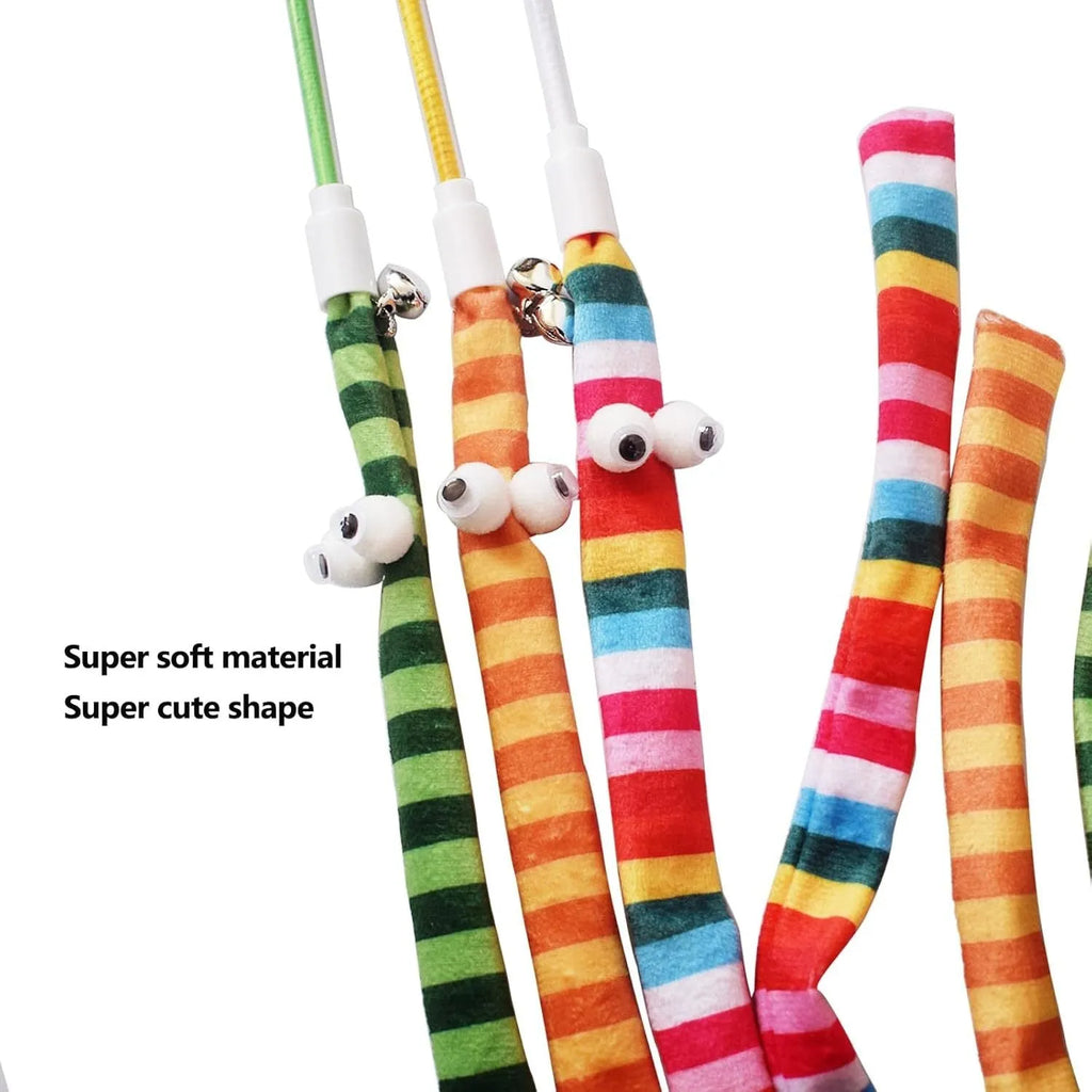 Cat teaser wand toy with long colourful plush strip on a polycarbonate handle