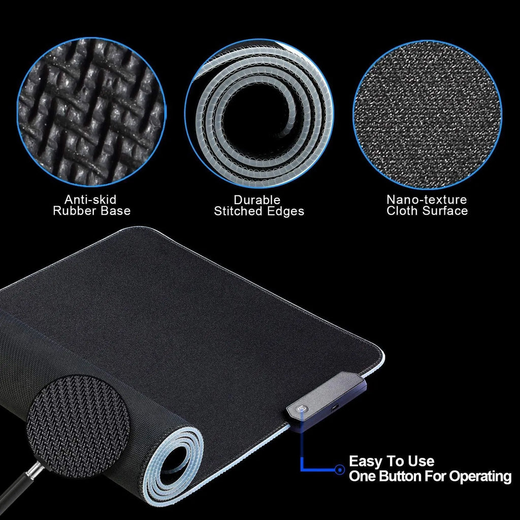 RGB gaming mouse pad in solid colour with non-slip rubber fabric base, sizes 250x300mm to 400x900mm, 3mm or 4mm thick