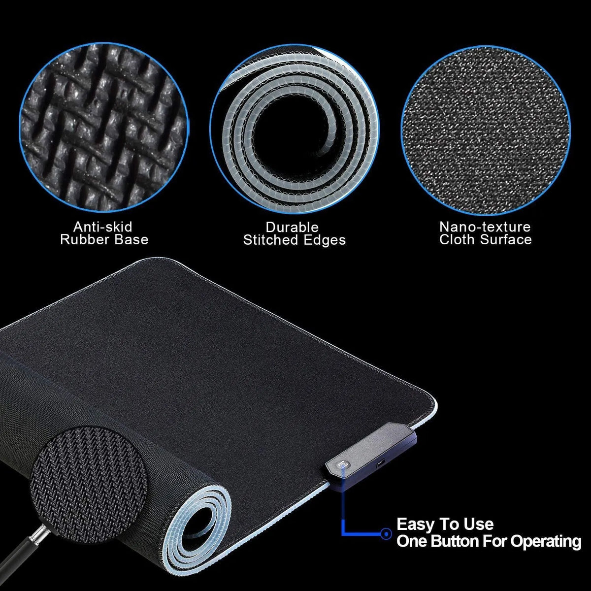 RGB gaming mouse pad in solid colour with non-slip rubber fabric base, sizes 250x300mm to 400x900mm, 3mm or 4mm thick