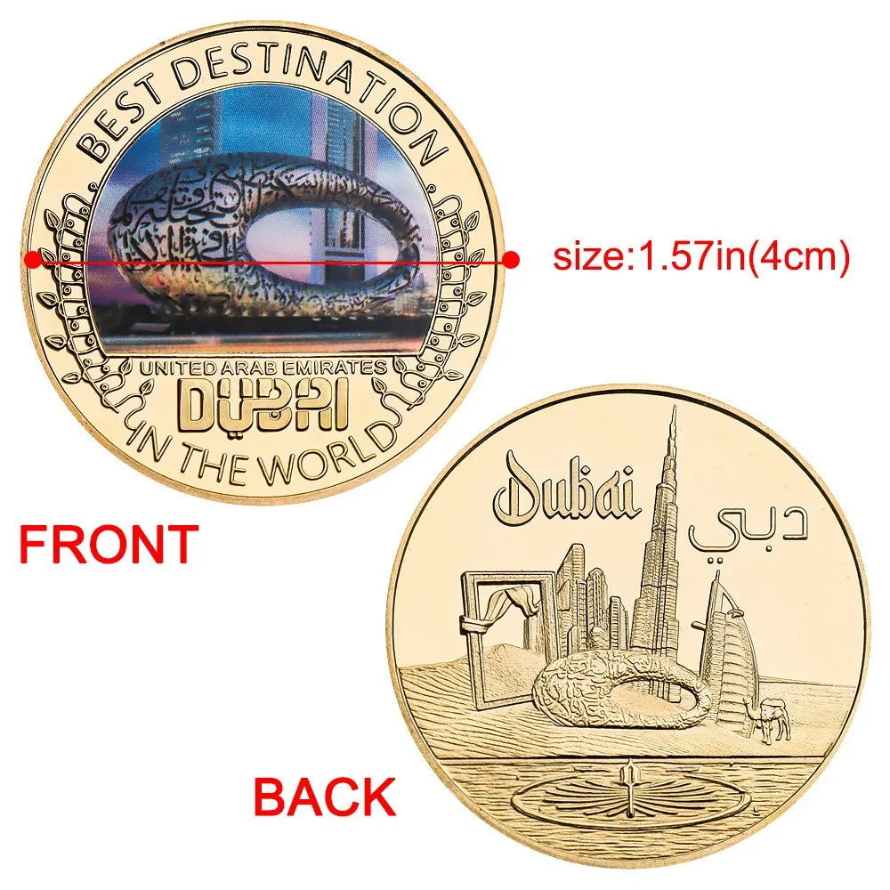 Five iron commemorative coins with Dubai building designs in a gift box