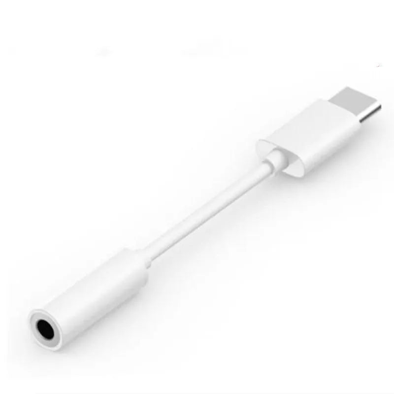 White USB-C to 3.5mm digital audio adapter cable with copper core, ABS connectors, and TPE cable body for Huawei Xiaomi HTC smartphones