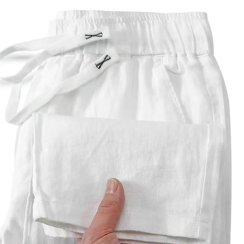 Linen blend Chinese style straight leg trousers with elastic drawstring waist in apricot colour