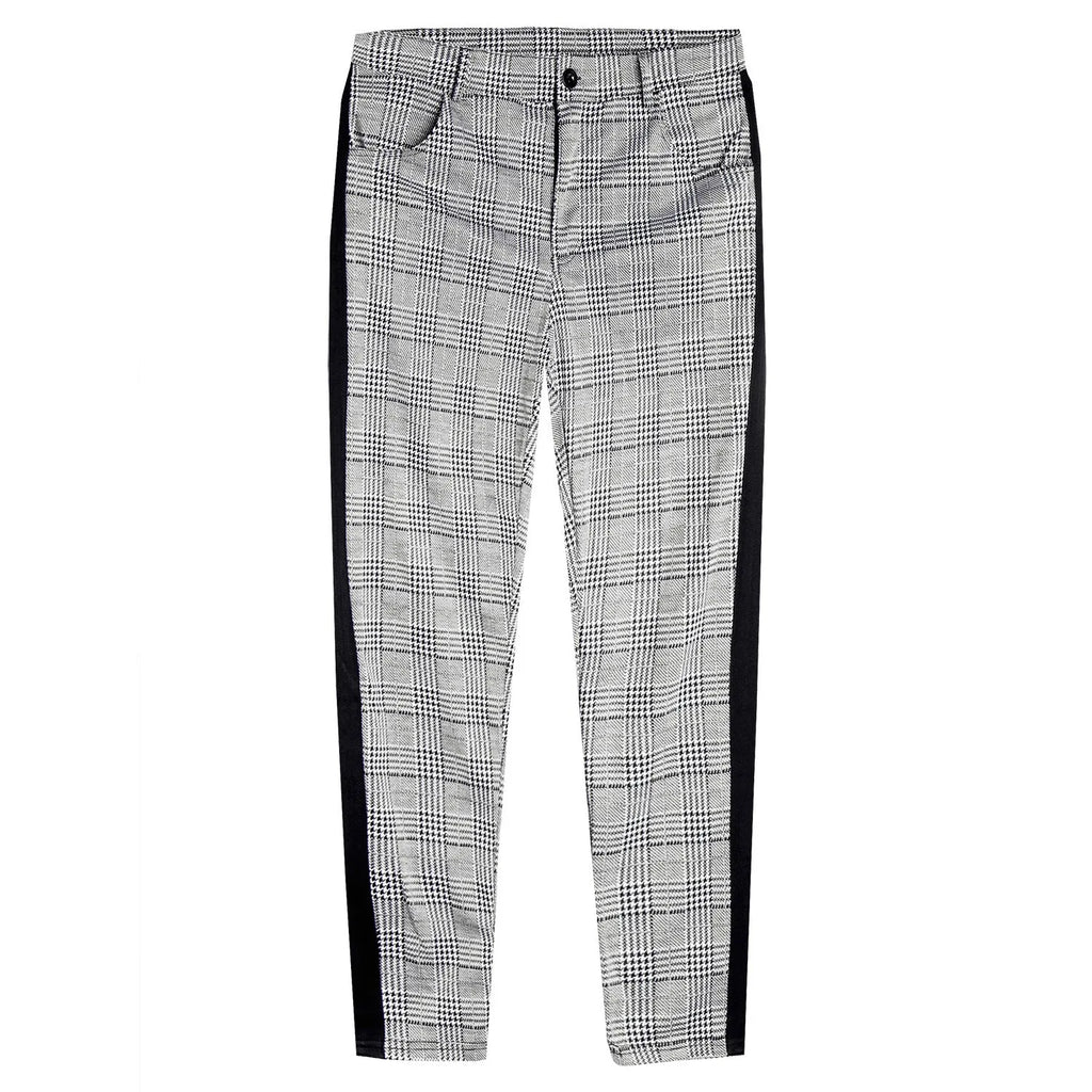 Men's high elasticity polyester plaid casual trousers in black border colourway