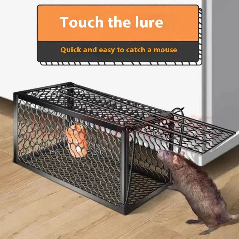 Automatic humane mouse trap cage made of white plastic with a metal door, shown in small, medium, and large sizes.