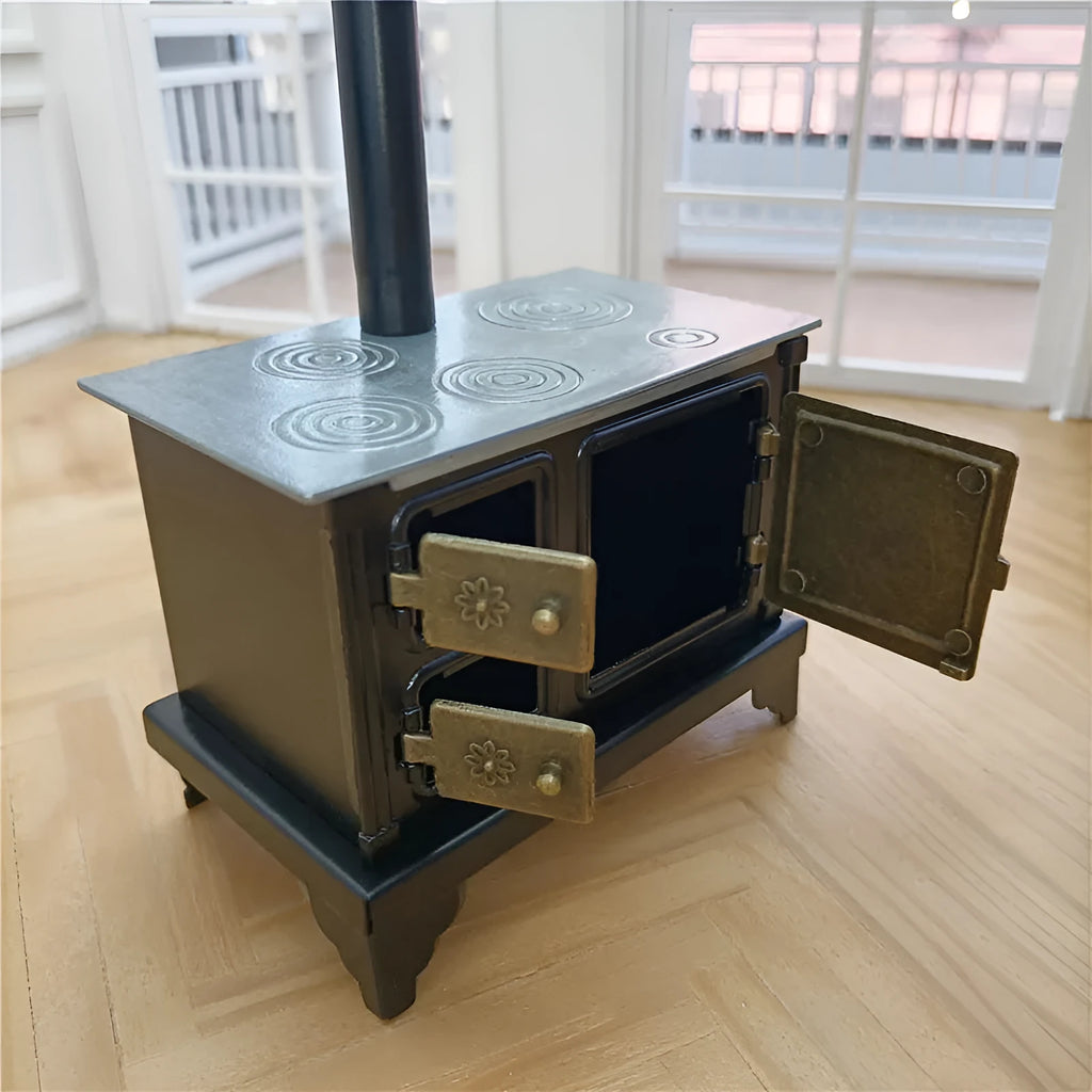 Brown miniature wrought iron stove model for dollhouse kitchen scene accessory