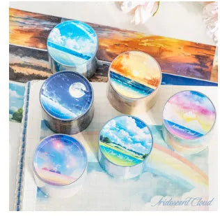 Japanese paper decorative tape roll with sky-themed designs including colourful clouds and purple nebulae