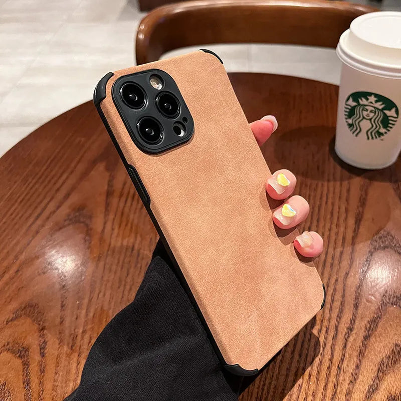 Simple solid colour fur phone case in black for iPhone, imitation leather texture with slim design